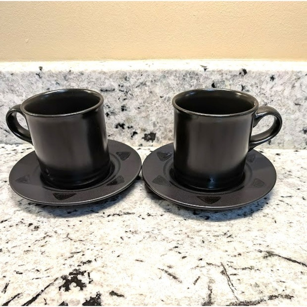 Pfaltzgraff Cup Saucer Set Midnight Sun Coffee Tea 2 Sets Black Matte Stoneware